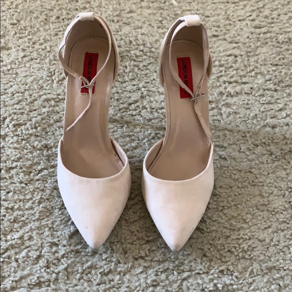 Cream closed pointed toe ankle strap heels